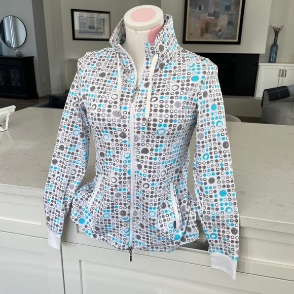 Bylyse Activewear Full Zip Nylon Blend Abstract Circle Print Jacket Blue Wht XS - Picture 11 of 11